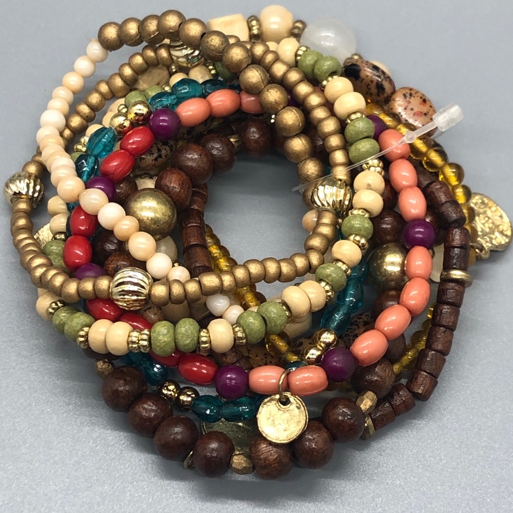 Boho Neutral Wood Bracelet Set